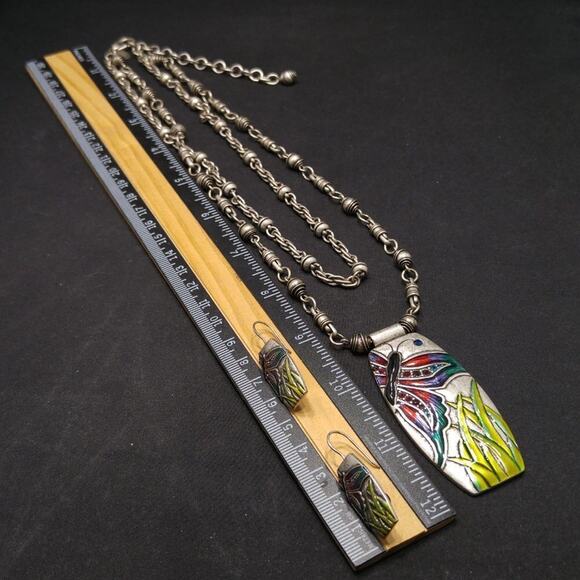Chico's Butterfly Enamel Rhinestone Pendant Necklace Earrings Set, 21" & 1 1/2" - Picture 8 of 10